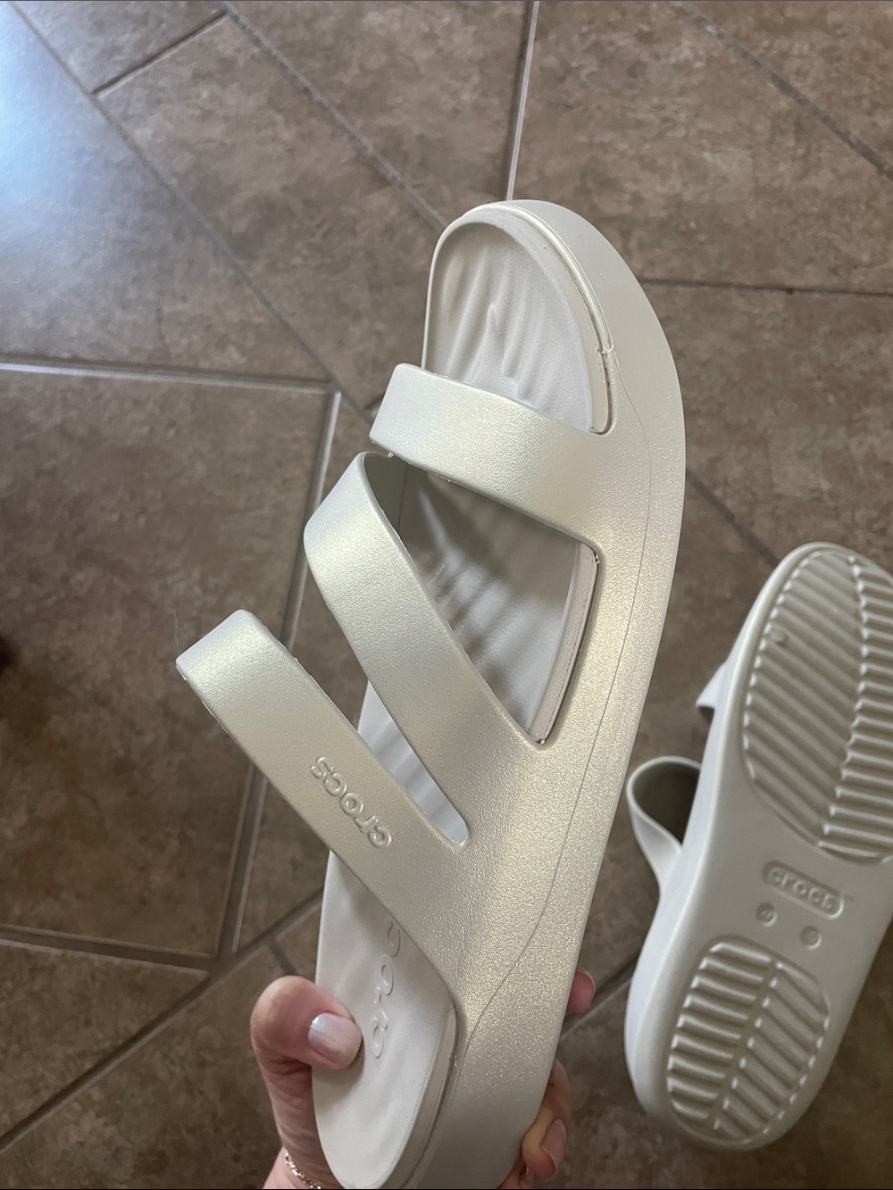 Getaway Strappy Croc Sandals: grayish beige with a pearl finish. - Picture 5 of 5